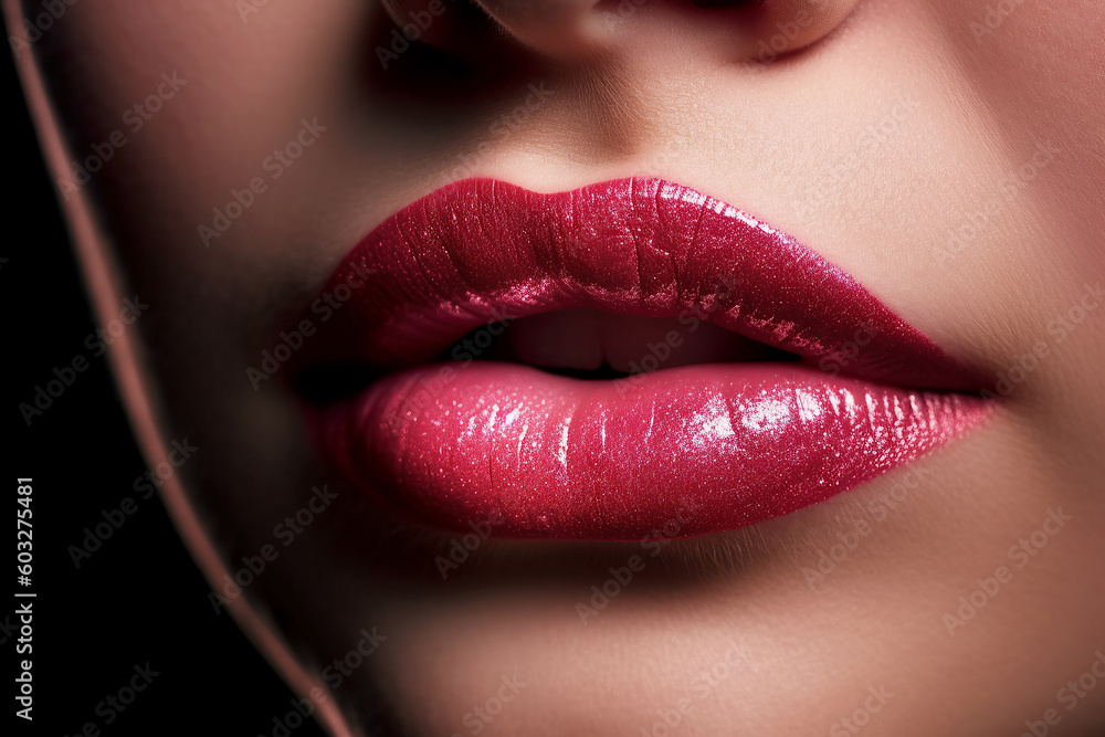 women lips with pink shiny lipstick close-up. Beauty concept. Generative AI illustration women lips with pink shiny lipstick close-up. Beauty concept. Generative AI illustration