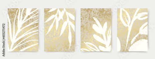 Abstract luxury artistic background with tropical leaves and golden texture. Vector botanical set for wall poster, print design, wallpaper, interior design, postcard