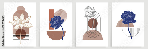 Lotus wall art vector set. Earth tone boho foliage line art drawing with abstract shape. Abstract Plant Art design for print, cover, wallpaper, Minimal and natural wall art. 