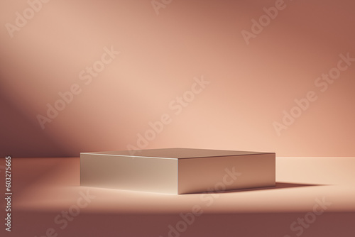 3d presentation pedestal or dais in pink room illuminated by sunlight. 3d rendering of mockup of presentation podium for display or advertising purposes