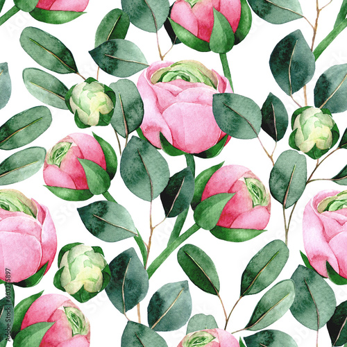 watercolor seamless pattern with pink rose and peony flowers and green eucalyptus leaves on white background