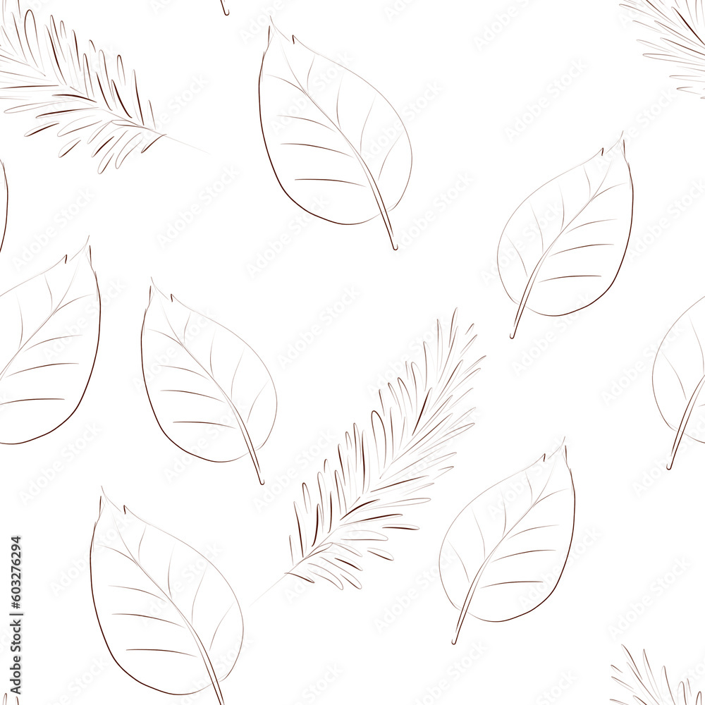 Seamless background with leaves and fir branches. Sketch. Freehand drawing. Vintage style. Forest. Forest pattern
