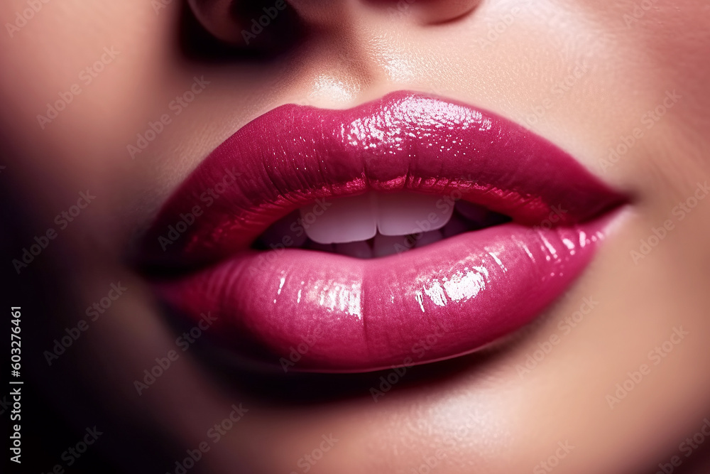 Obraz premium women lips with pink shiny lipstick close-up. Beauty concept. Generative AI illustration