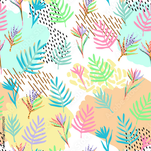 pattern of a tropical artwork, with multicolored hand drawn elements © Настя Прокопчук