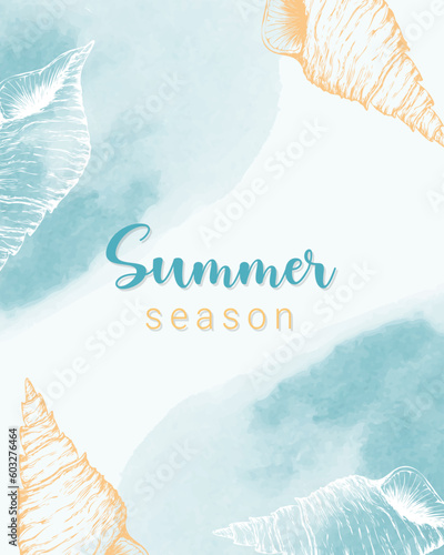 Summer Season vertical banner card with seashell hand drawn on watercolor background. Vector illustration