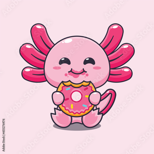 axolotl eating donut cartoon vector illustration.