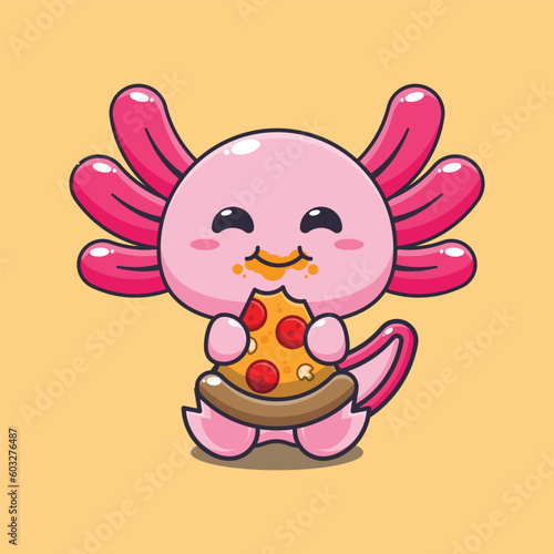 axolotl eating pizza cartoon vector illustration.