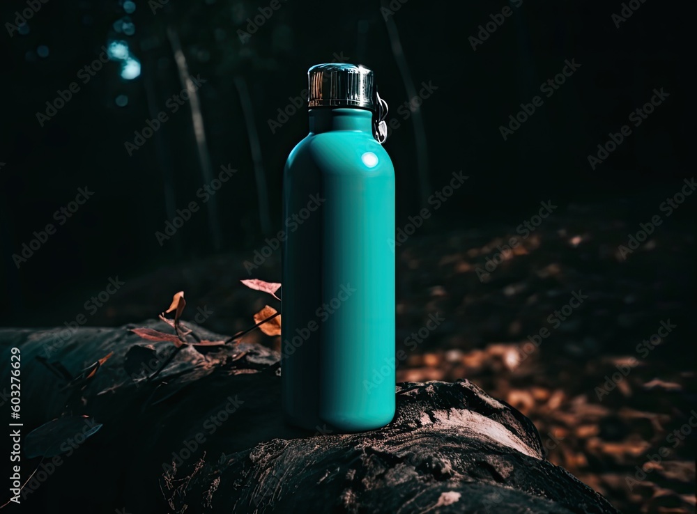 Thermos and aluminum hot drink mug with rising steam outdoors. Camping vacuum flask and iron cup standing on tree stump in rainy, cold weather. Hike, camping concept. - obrazy, fototapety, plakaty 