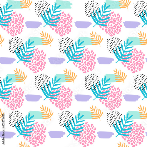 pattern of a tropical artwork, with multicolored hand drawn abstract elements