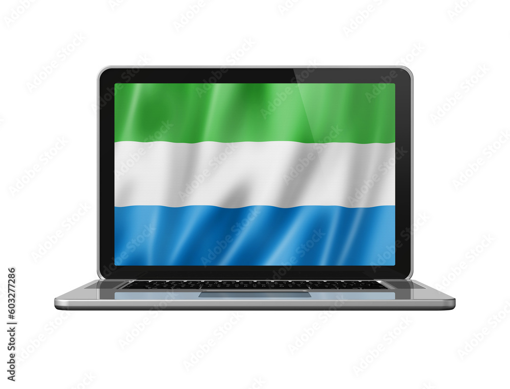 Sierra Leone flag on laptop screen isolated on white. 3D illustration Sierra Leone flag on laptop screen isolated on white. 3D illustration