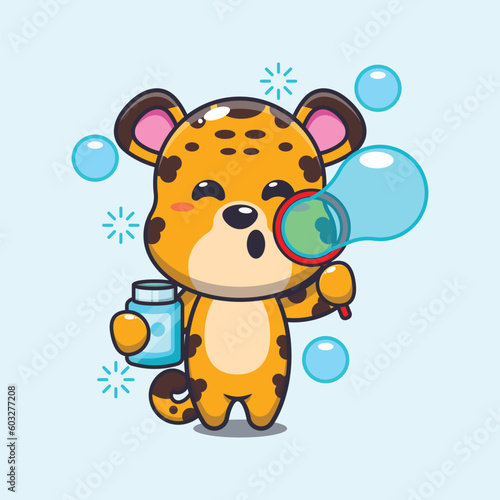leopard blowing bubbles cartoon vector illustration.