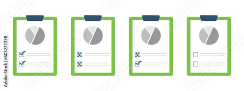 A set of documents with a pie chart, graph marked with a blue check mark and crosses. Document with blue checkmarks and crosses. Checklist icon set with graph on white background