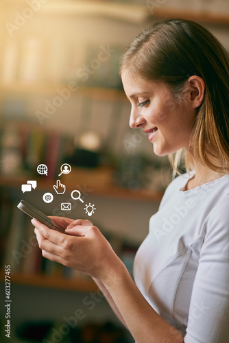 Icon  smile and woman with a smartphone  typing and connection for social media  communication and sms. Female person  network and girl with happiness  texting and digital chatting with a contact