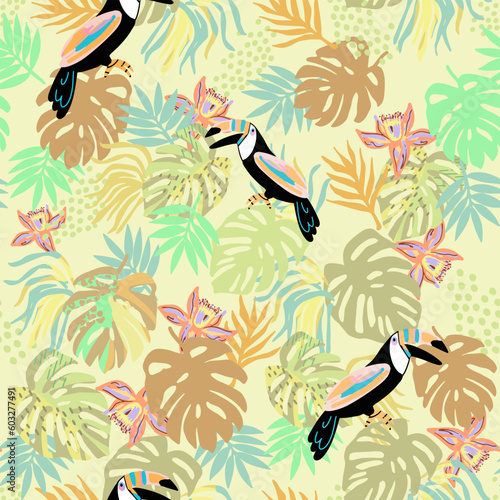 pattern of a tropical artwork, with multicolored hand drawn elements, wallpaper of tropical dark green leaves of palm trees and flowers bird of paradise
