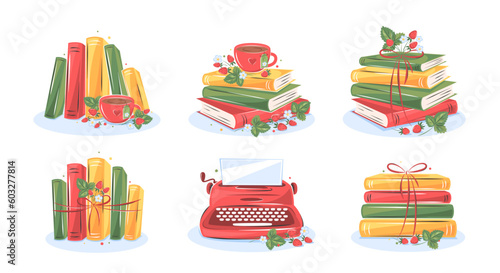 Books with flowers and strawberries on white background. Set of reading elements for  bookshop, library, bookstore or education. Vector illustration on white background