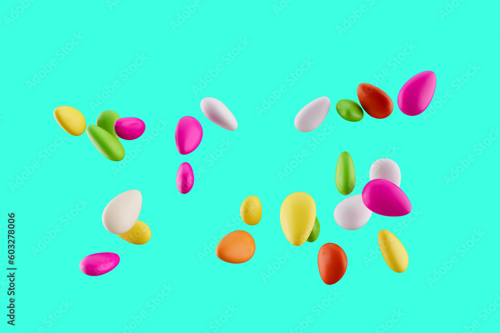 3d Colorful Almond Candies Sugar Coated Almond Candies Falling On Cyan background, 3d illustration