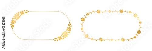 Gold oval floral frame set. Luxury golden frame border for invite, wedding, certificate. Vector art with flowers and leaves.