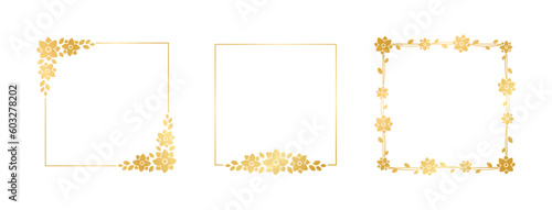 Square gold floral frame collection set. Luxury golden frame border for invite  wedding  certificate. Vector art with flowers and leaves.