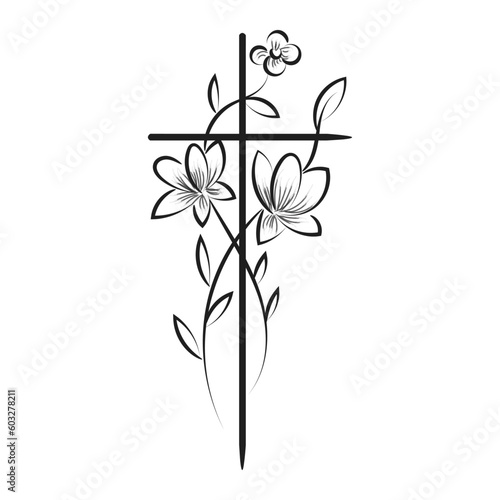 Holy Cross with Floral design for print or use as card  flyer  Tattoo or T Shirt