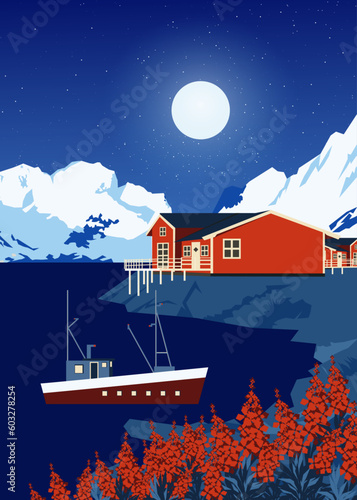 Illustration of Reine, Lofoten Islands, Norway.