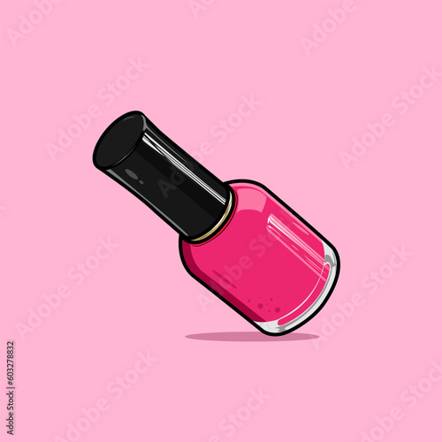 Realistic Shiny Pink Nail Polish In Glass Bottle With Black Lid, Pink Background Vector illustration