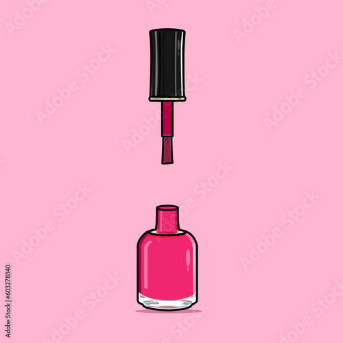 Realistic Shiny Pink Nail Polish Open Glass Bottle With Black Lid And Nail Brush Vector illustration