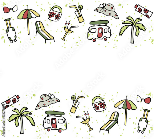 Vektor illustration of different colored elements on the theme travel and vacation on a white background. Cartoon style, hand drawn. Idea for posters, design for visit card of travel agency.