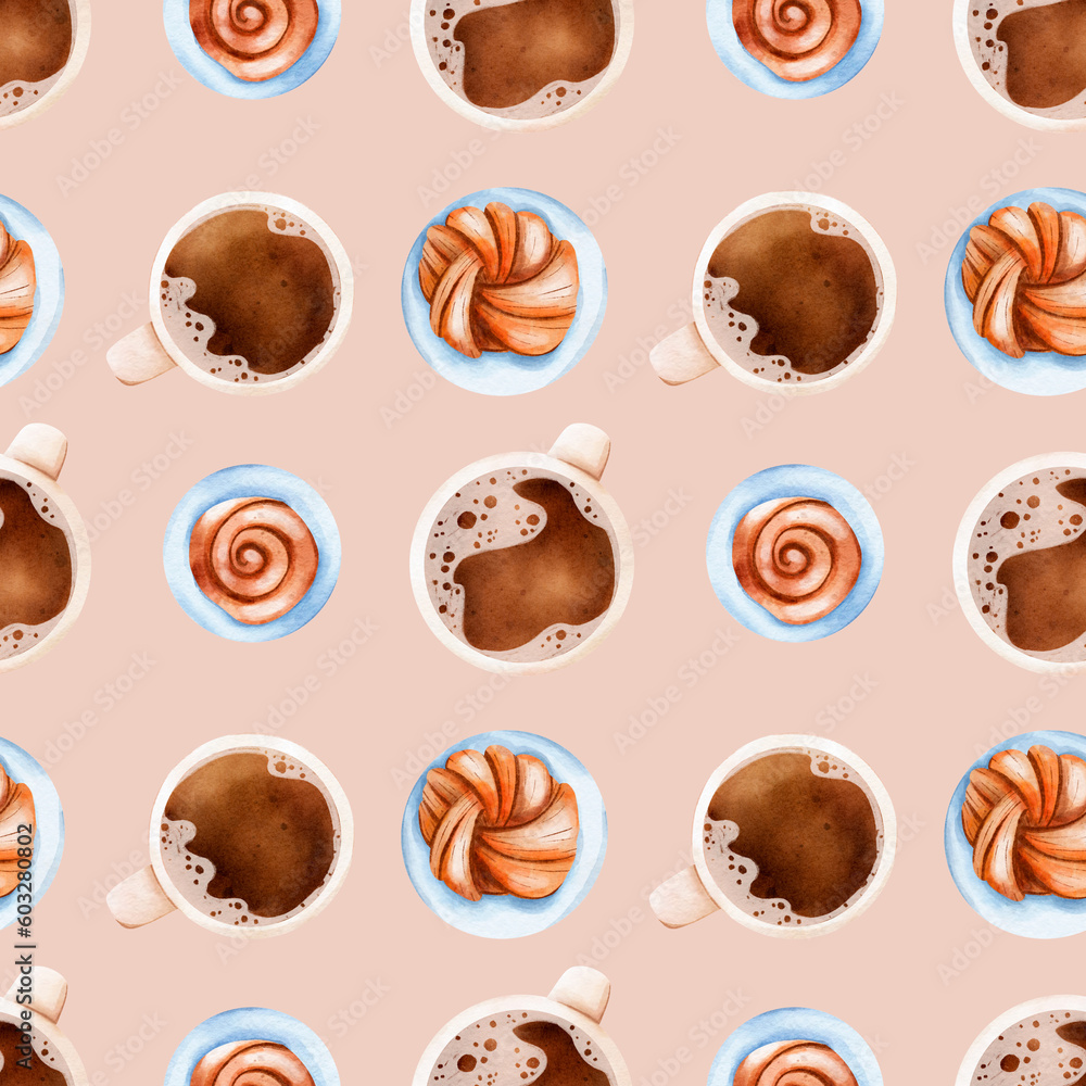 Seamless pattern with cup of coffee and sweets, kanelbulle. Digital watercoloк illustration.