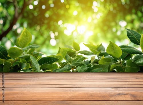 wooden table top with spring green leafs as frame and free space for text created with Generative AI technology