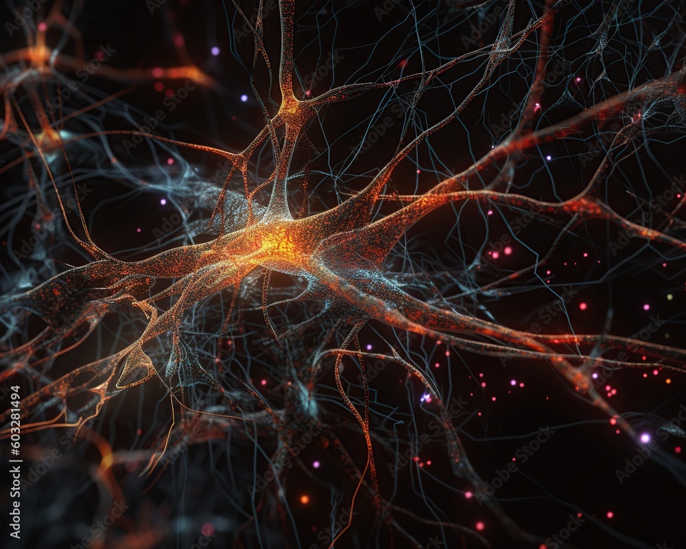 Neurons cells with glowing light. Neuroscience. Generative AI