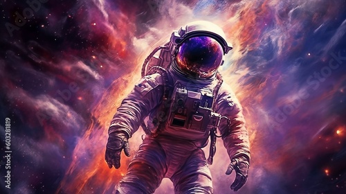 Astronaut floating in space with colorful nebula of deep space. Science fiction wallpaper. Billions of stars and galaxies in outer space in the universe. Generative AI.