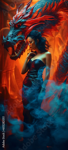 chinese dragon woman in flames of fire  fictional person made with generative ai