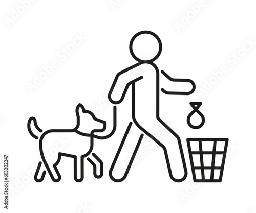Clean waste in trash after dog, line icon. Pet owner throws bag with poop in trash bin, sign. Vector