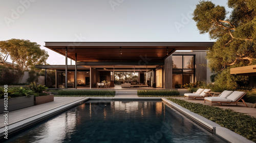 Contemporary Oasis: Partial Interior View of a Modern Home with an Enchanting Pool - Generative Ai