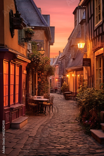 Charm of a small town, illuminated by the radiant glow of a breathtaking sunset. Generative AI