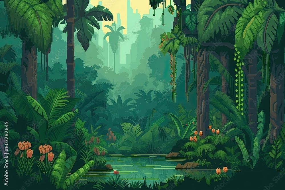 Exotic forest in the jungle, abstract illustration. Generative AI Exotic forest in the jungle, abstract illustration. Generative AI