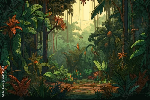 Abstract illustration of tropical forest in the jungle. Generative AI