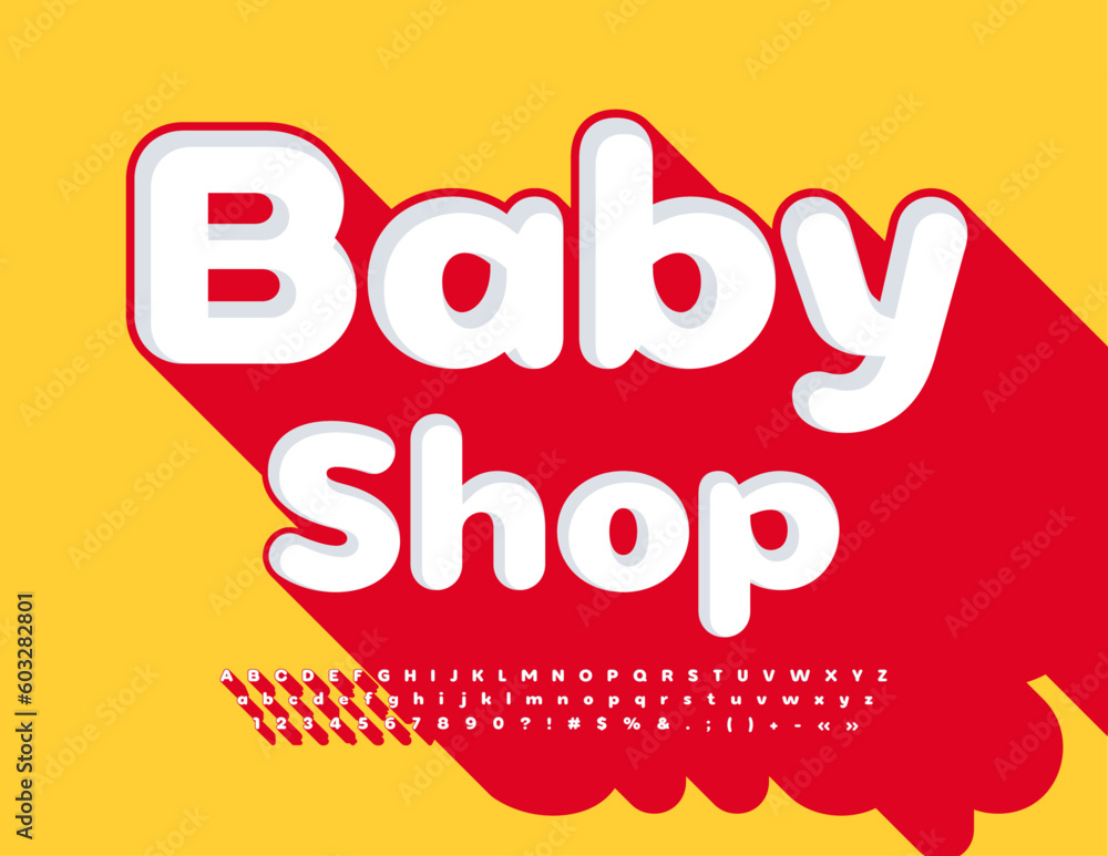 Vector modern sign Baby Shop. Trendy bright Font. Isometric Alphabet Letters, Numbers and Symbols set with Red Shadow