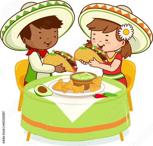 Mexican children sitting at a restaurant table, eating tacos and guacamole with nachos. Vector illustration