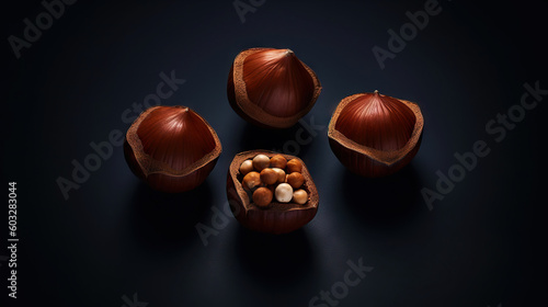 Large group og Hazelnuts on dark backdrop. Food background. Generative AI