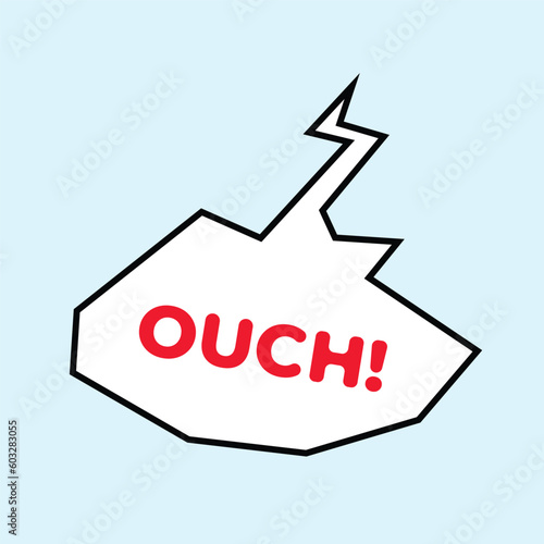 Ouch hurting saying comic cartoon speech bubble text vector isolated on square light blue colored background