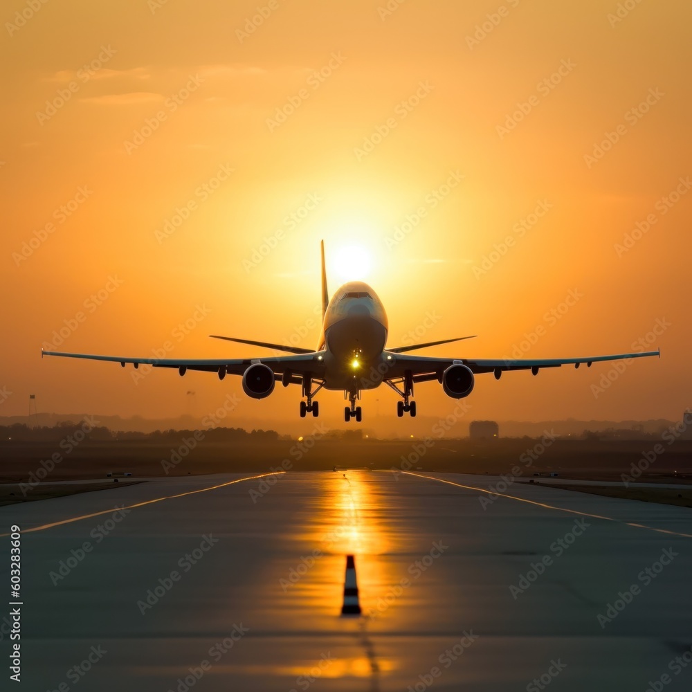 Passenger airplane landing on runway in airport Passenger airplane landing on runway in airport