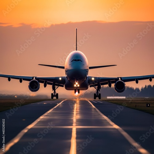 Passenger airplane landing on runway in airport
