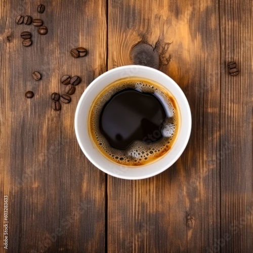 Cup of hot coffee on a rustic wood background .