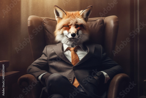 Generative AI - Cunning fox in a business setting, representing intelligence, versatility, and shrewdness photo