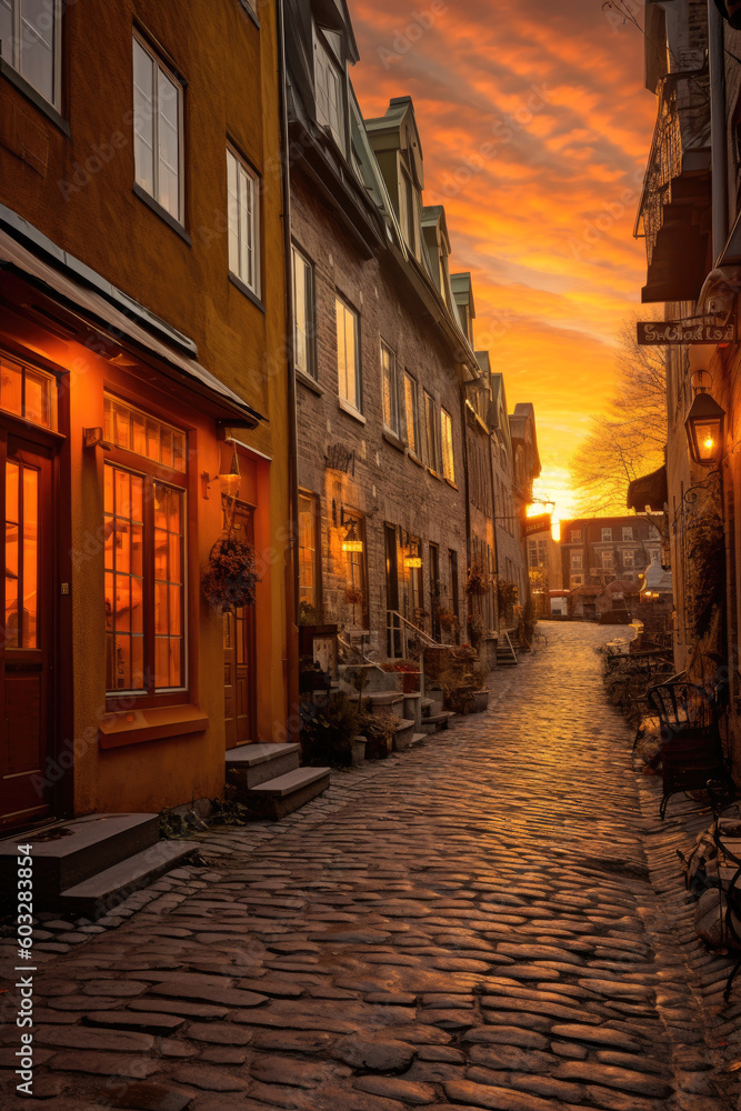 Charm of a small town, illuminated by the radiant glow of a breathtaking sunset. Generative AI