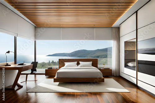 Interior design of a minimalist bedroom with luxurious fabrics  light colors  and big glass windows that exudes tranquility and simplicity   Generative AI