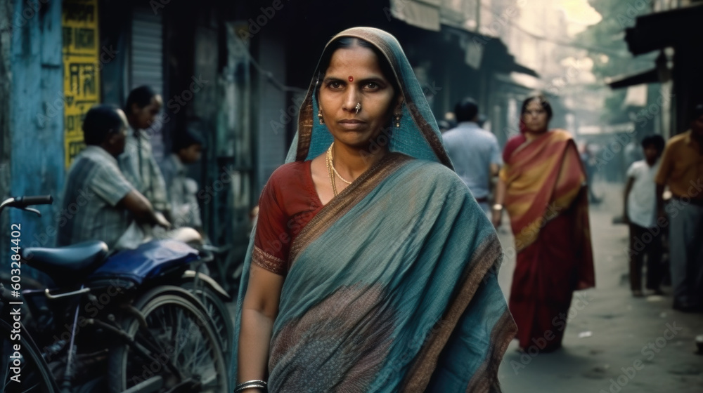 AI generated Indian woman wearing saree on the street 