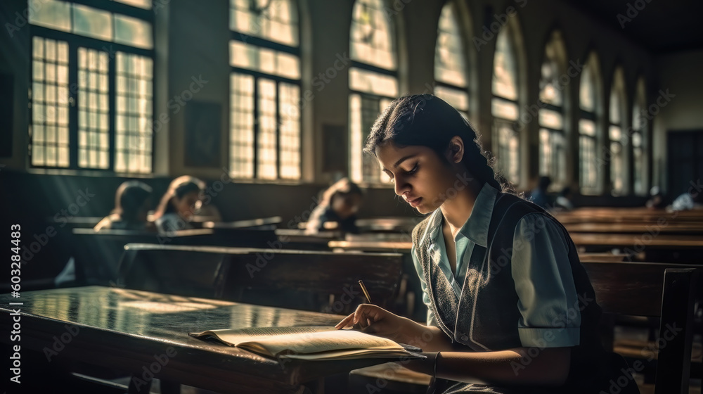 AI generated Young Indian woman reading a book in the library. Education concept AI generated Young Indian woman reading a book in the library. Education concept