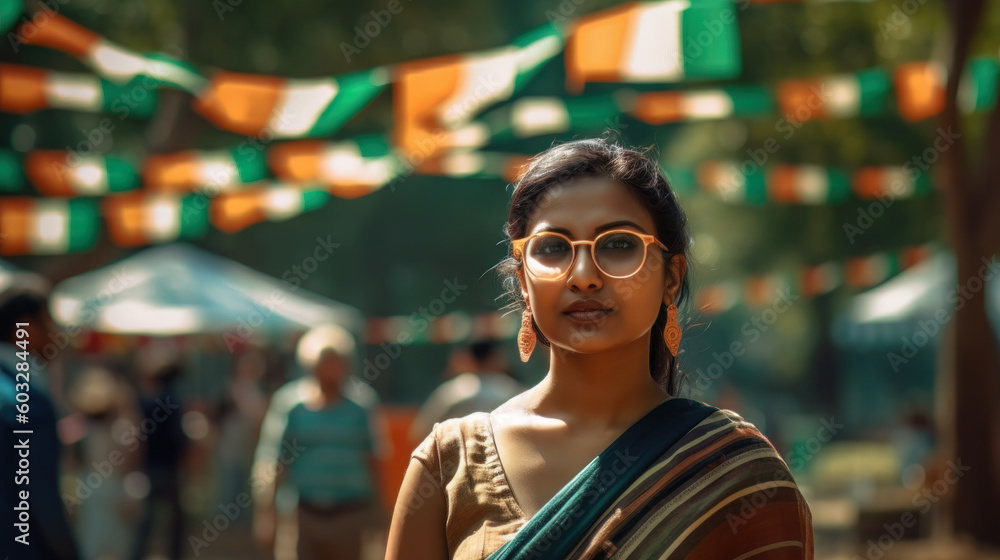 AI generated Young indian woman with orange scarf and sunglasses walking in the park